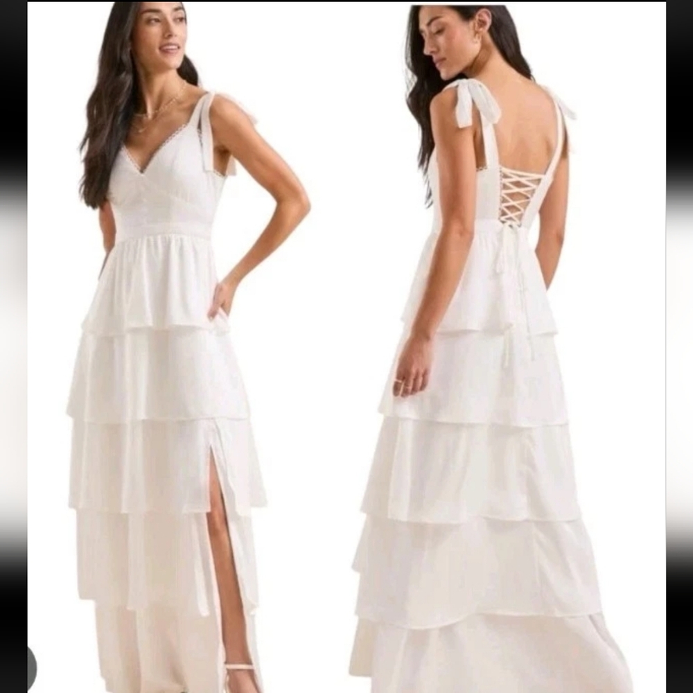 Altar’d State Mallory Tiered Maxi Dress NWOT Wedding Event Gown Lace Back XS - Picture 2 of 11